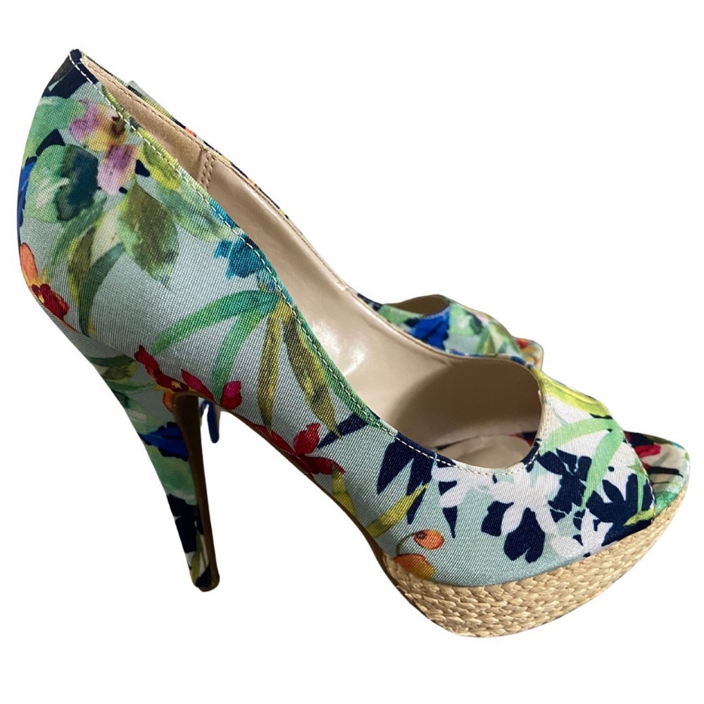 APT 9 Peep Toe fabric bright flower heels-platform espadrilles 6.5